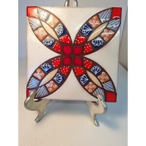 Carolyn Pane Hand Decorated Terracotta Tile " Wedding Ring" Quilt Pattern.